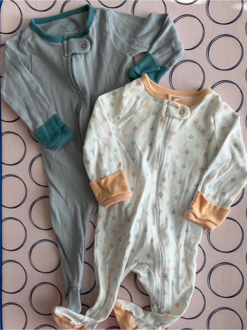 Cloud Island Two-Pack Footed One-Pieces in Sage Green and Cream with Peach Trim